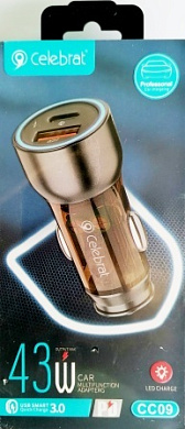 Зарядное устройство автомобильное Celebrat CC09 43W USB-A+Type-C LED-индикатор прозрачный корпус